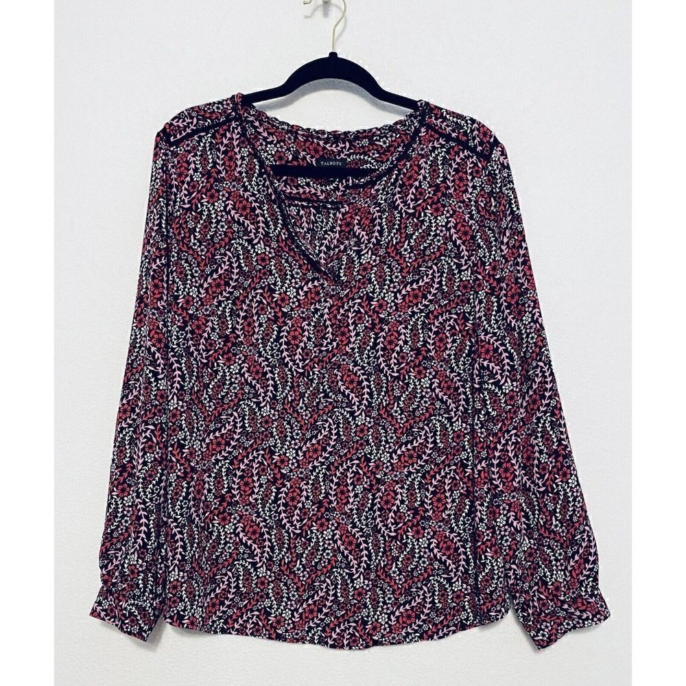Talbots Womens Floral Paisley Print Top Crochet Trim Long Sleeves Large
